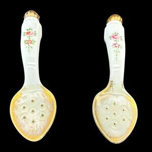 Vintage Floral Spoons Gold Gilt Acme China Salt Pepper Shakers Made in Japan